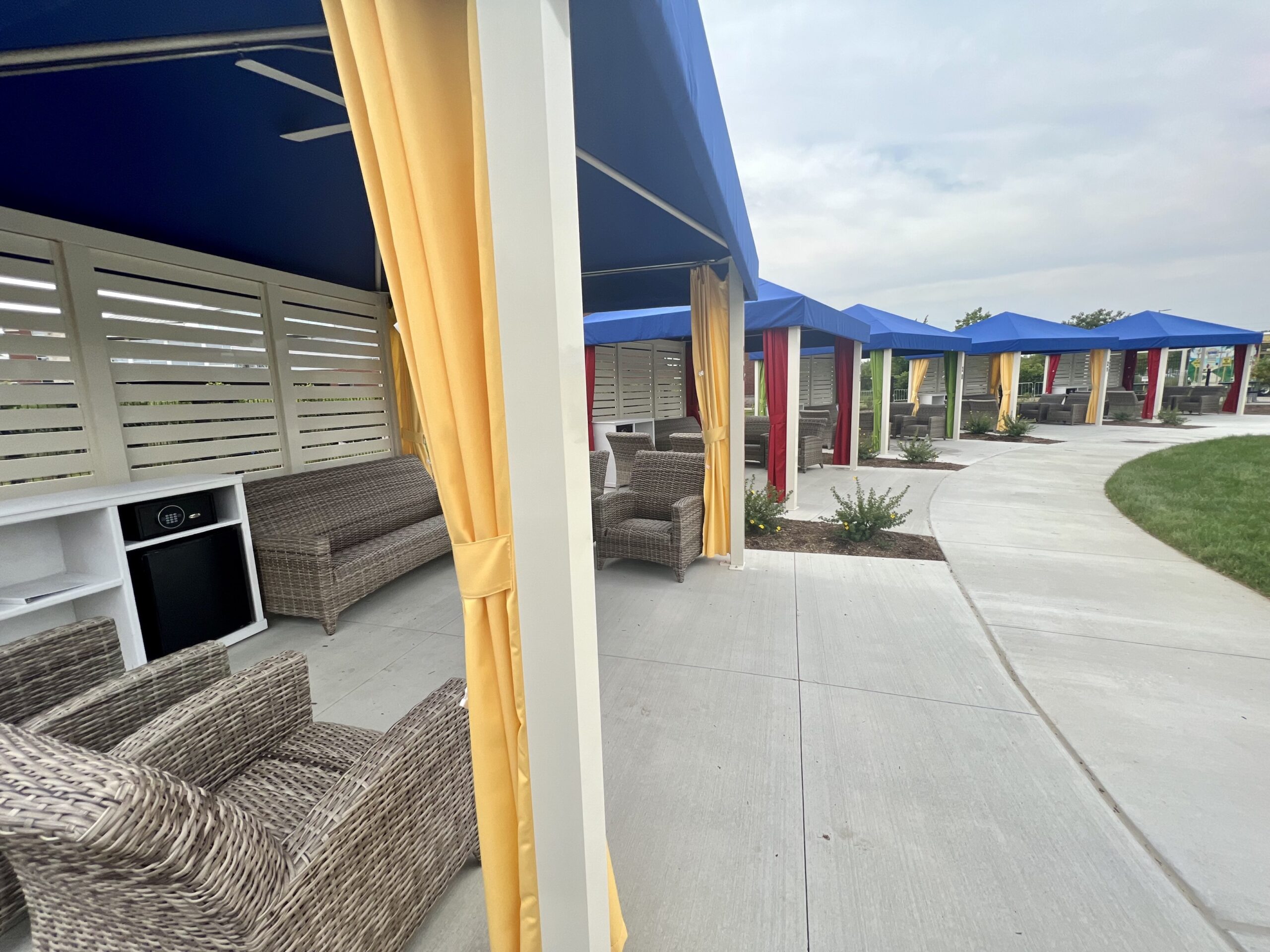 Cabanas in a row by the Kiddie Pool in The Waterpark