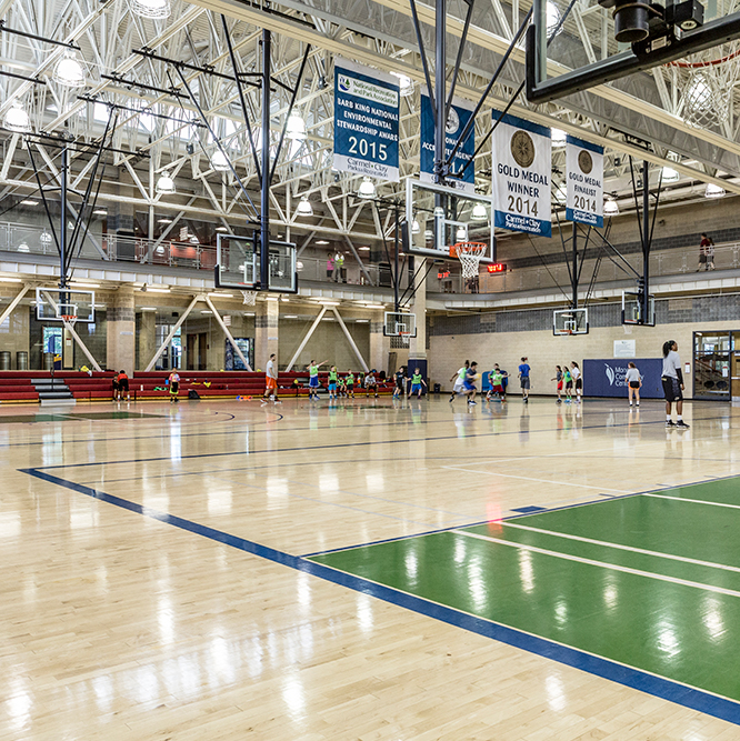 Basketball courts in the gym at the Monon Community Center in Carmel