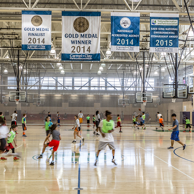 Team playing basketball at the gym at the Monon Community Center in Carmel