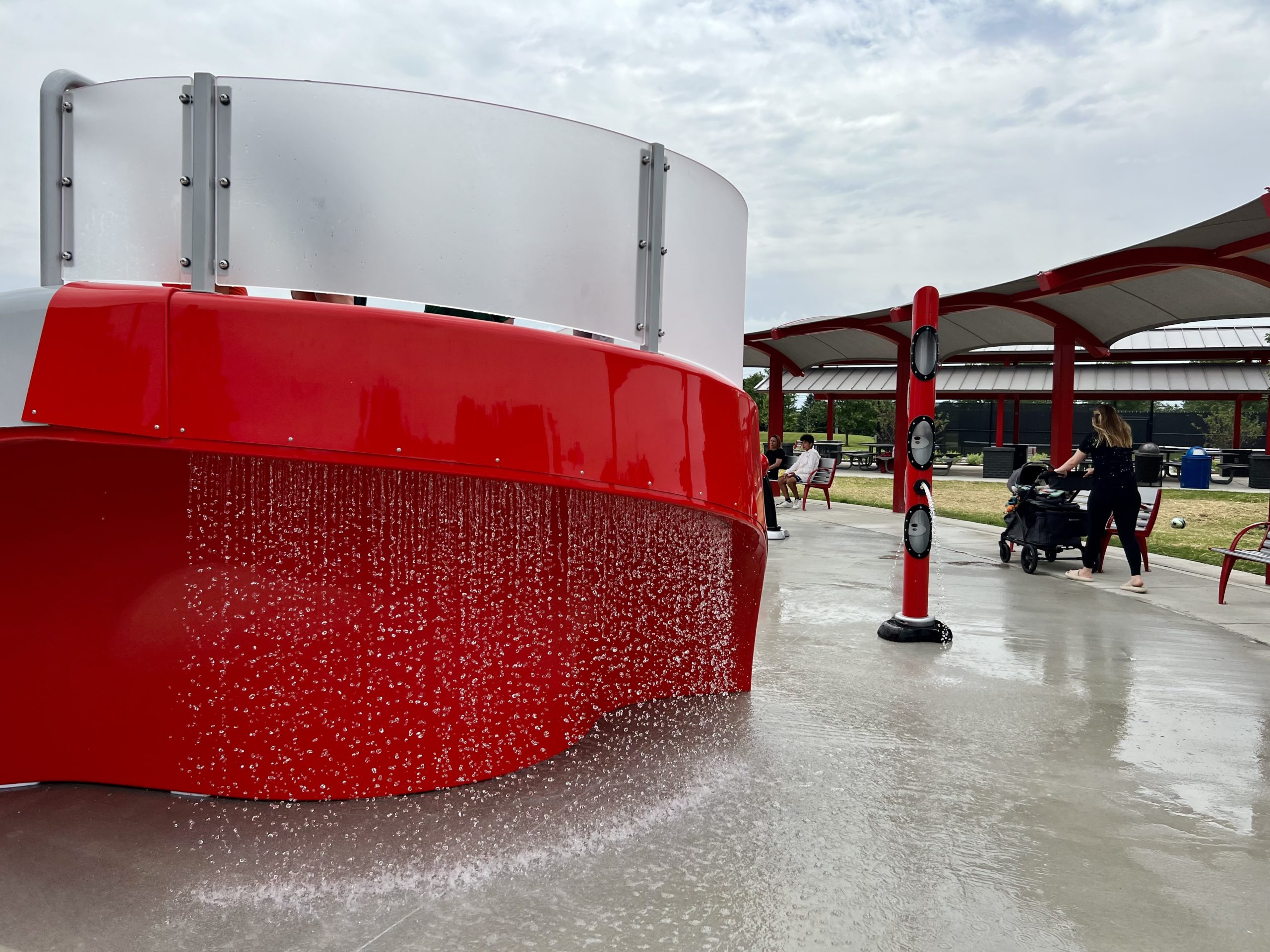 Waterfall on the back of the waterslide at Inlow Park splash pad.