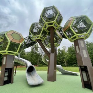 Hexagonal hive structure playground at Meadowlark Park.