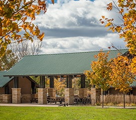 Shelter at Carmel Park surrounded by nature and greenspace. You can reserve park shelters online or at the Monon Community Center