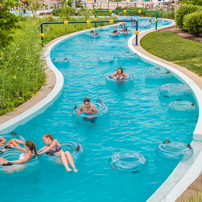 Aerial view of part of the Lazy River at The Waterpark.