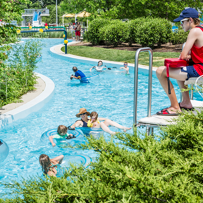 Aerial view of part of the Lazy River at The Waterpark.