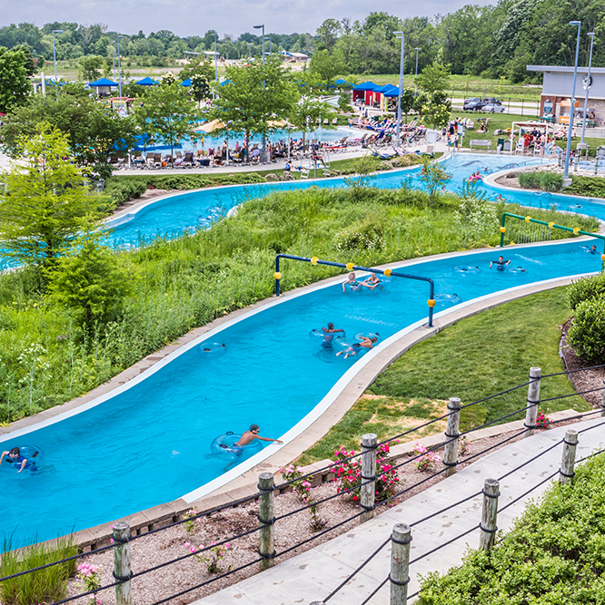 Aerial view of part of the Lazy River at The Waterpark.