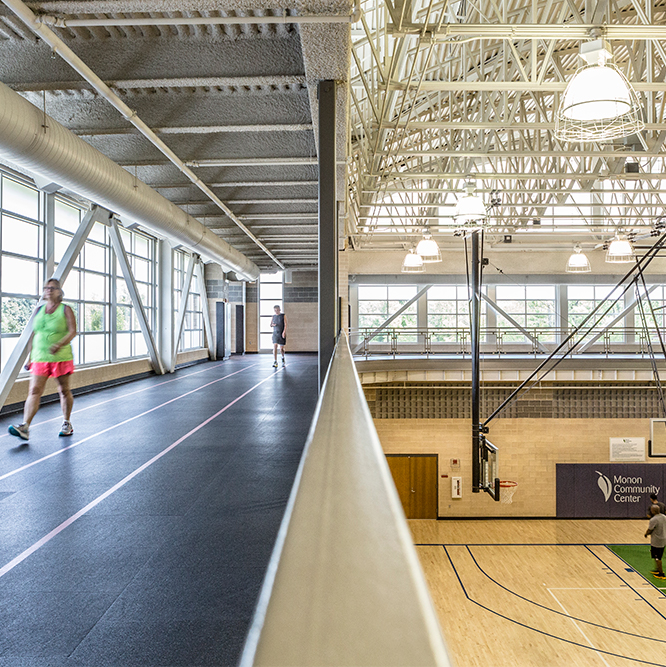 Track overlooking the basketball courts in the gym