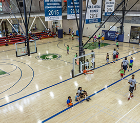 Gymnasium at the Monon Community Center where there are courts for basketball, volleyball, pickleball, open gym, and more!