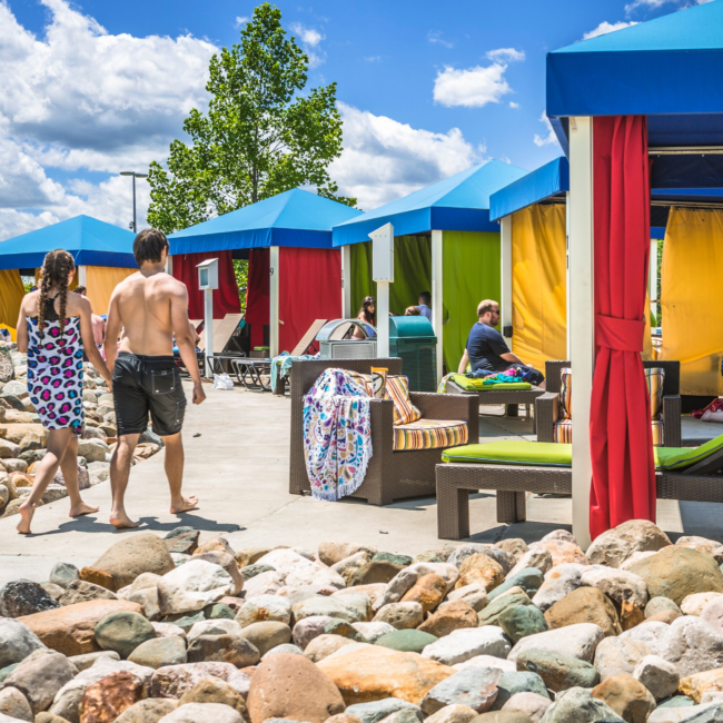 cabanas and rentable space at The Waterpark providing shade and excellent customer service