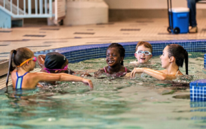 Girls in a swim lesson at the Monon Community Center