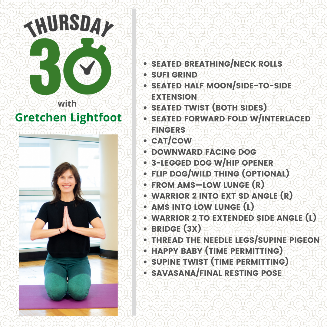 Thursday 30 graphic with Kristen in a yoga pose