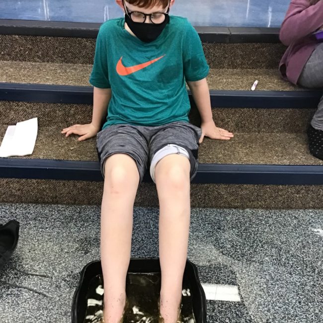 Cherry Tree Elementary ESE student treating himself to a spa foot soak.
