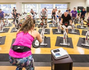 Group of Monon Community Center members take a group fitness class.