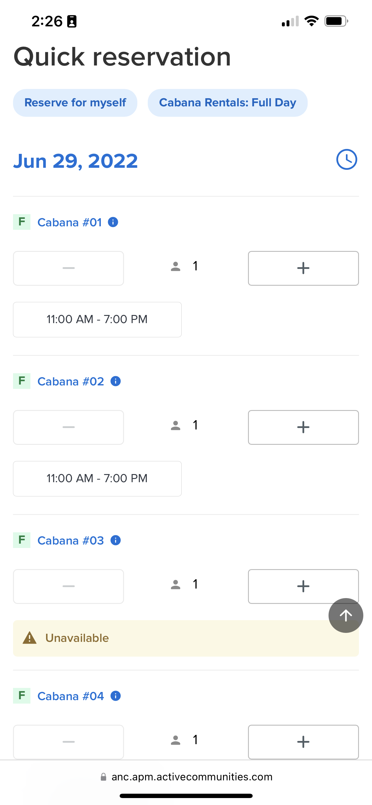 mobile view of cabana reservation site