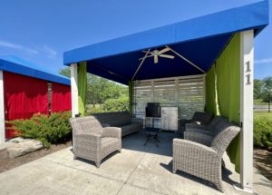 12x12 Cabana 11 with Blue Top wide view with ceiling fan