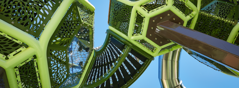 Below looking up shot of playground equipment at newly reimagined Meadowlark Park.