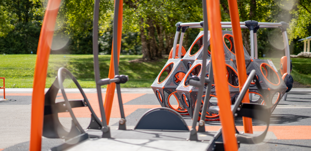 Some of the playground equipment featured at the newly reimagined River Heritage Park, including the completely wheelchair accessible swing.