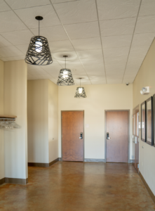 Interior entryway to Wilfong Pavilion, with entry to closets, rest rooms and kitchen.