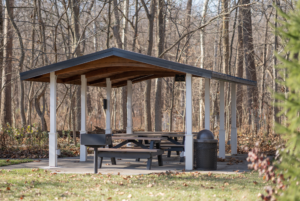 Picnic shelter tucked into the woods at Flowing Well Park