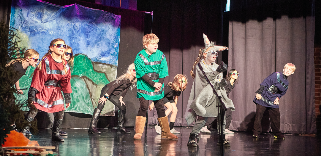 Children perform, act and sing on stage during their stage interpretation of Shrek the Musical at Success on Stage camp.