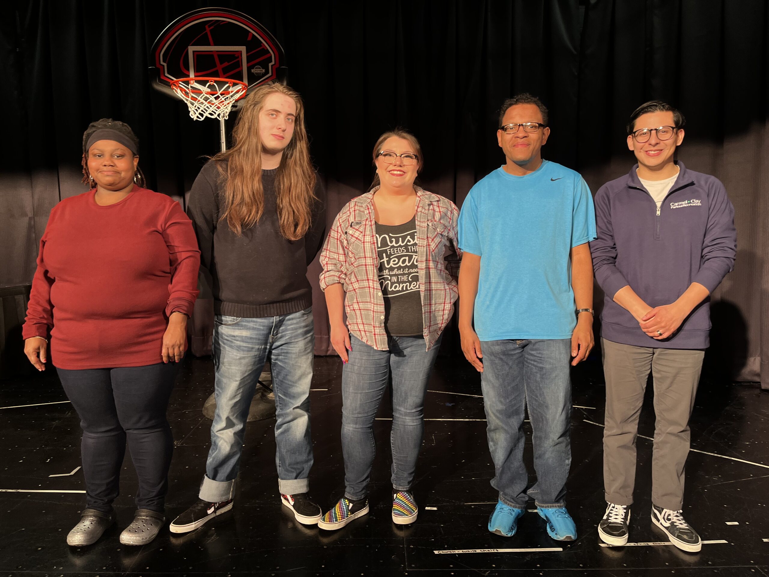 2023 Barrier-Free Theatre Crew. From left to right, Amber Sykes, Quin Strzynski, Jade Alia, Bryan Pame, Kelvin Solares
