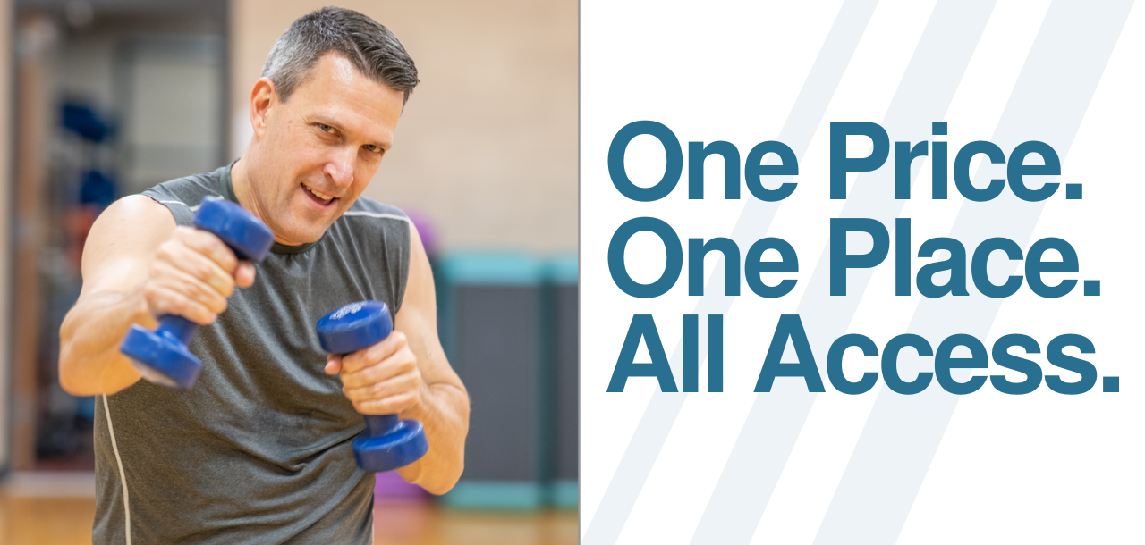 Marc Zolner holds weights during a group fitness class at the MCC. Text reads: One Price. One Place. All Access.