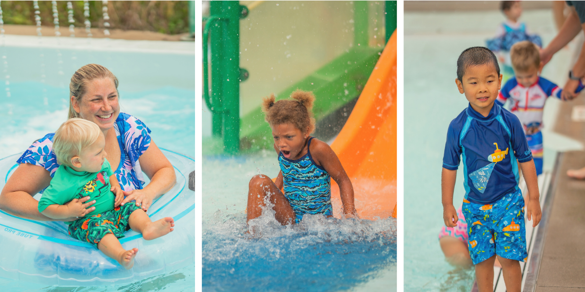 Preschool splash bash photos- mom and child in innertube on left, child coming down orang slide center, child at edge of kiddie pool on right