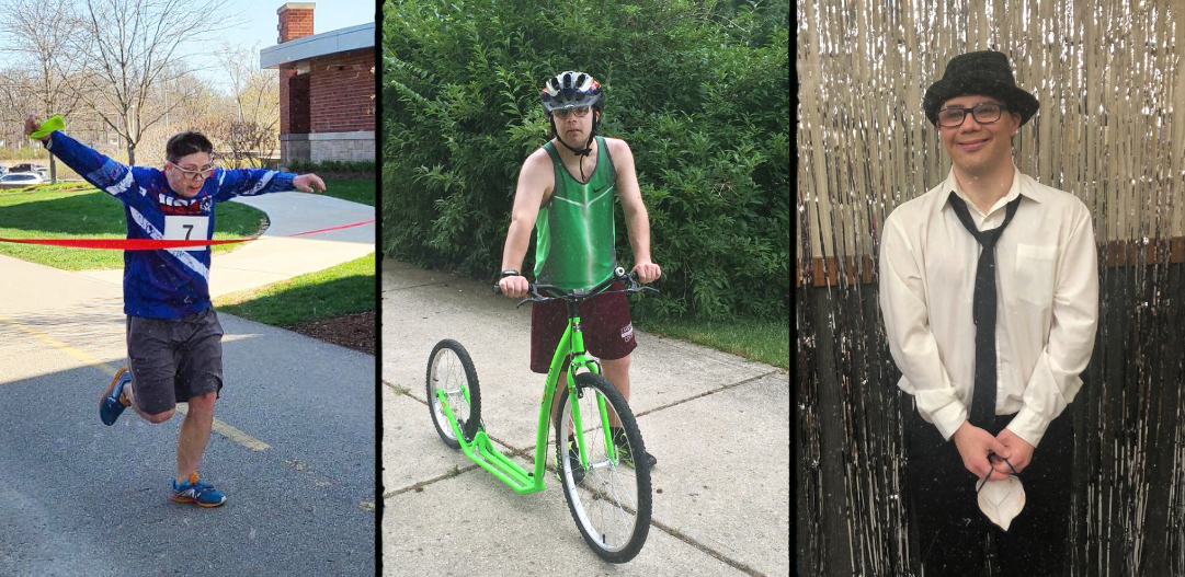 Tomas Sliva header for Park Conversations story. Photo collage of Tomas finishing the Adaptive 5k, with his bike on the trail, and at a Barrier Free event.