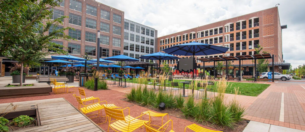 Umbrellas and seating at Midtown Plaza