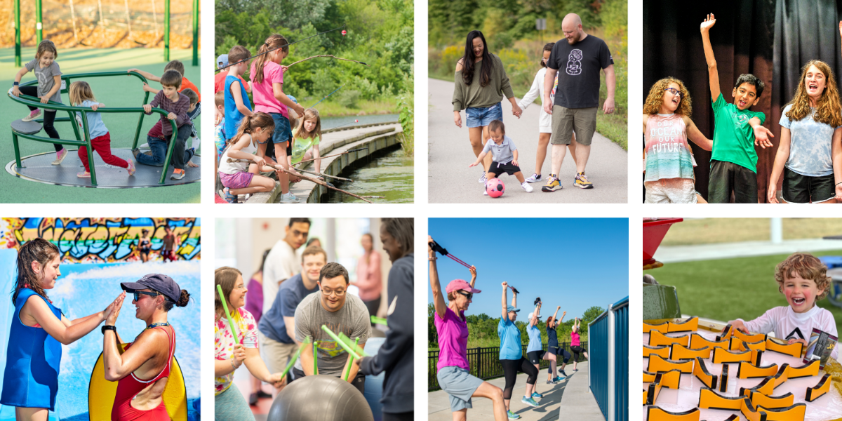 Collage of photos illustrating community utilizing parks, program and facilities