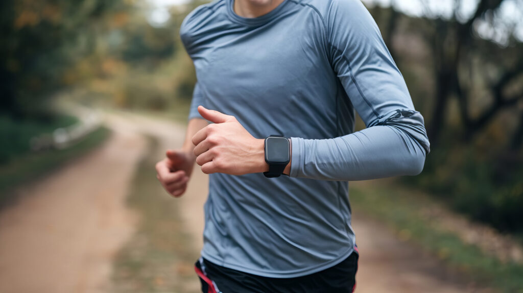 Man warming up on an outdoor trail. 